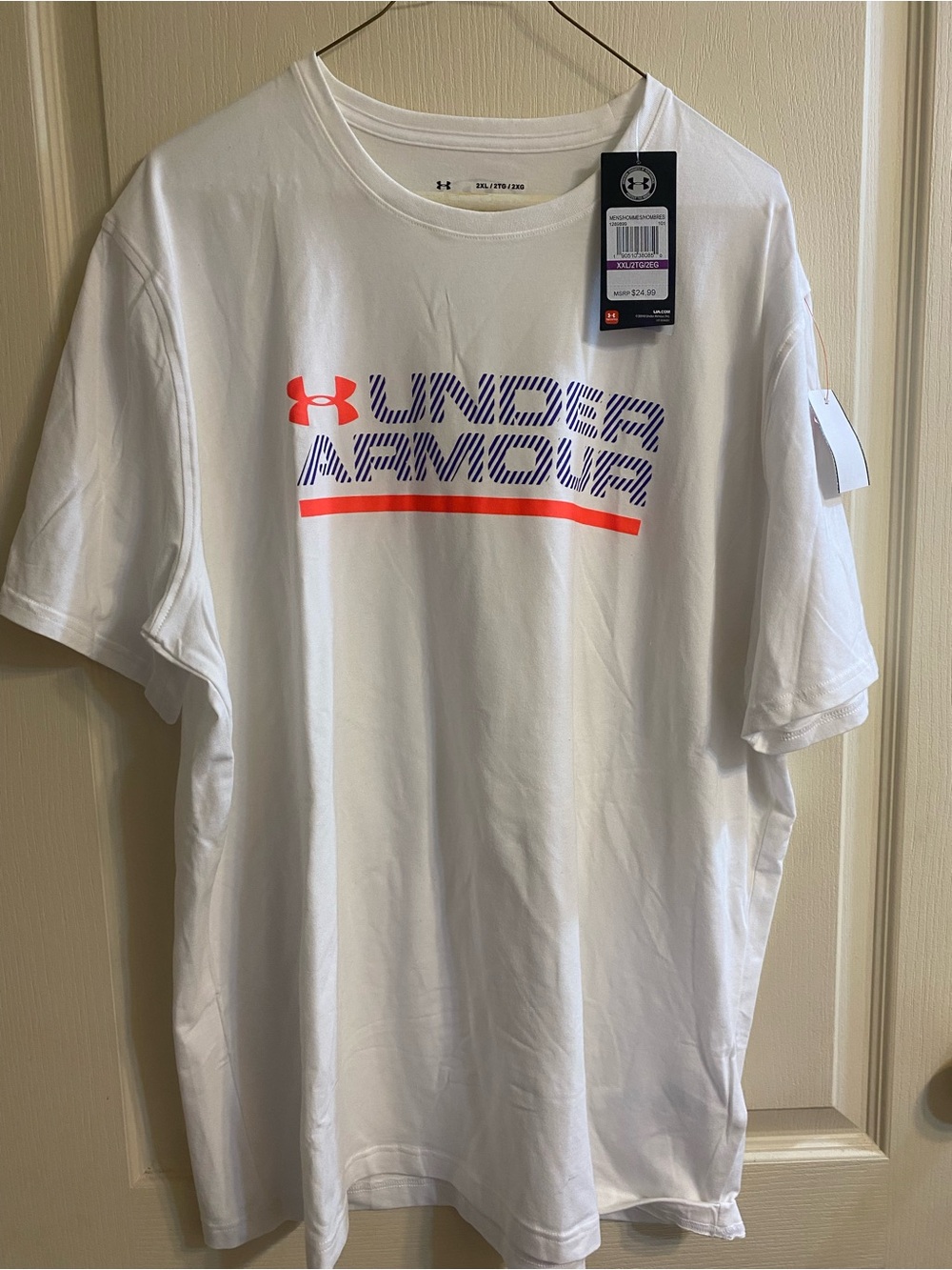 Under Armour White Short-Sleeve Tee with Blue Stripe Logo and Orange Accent